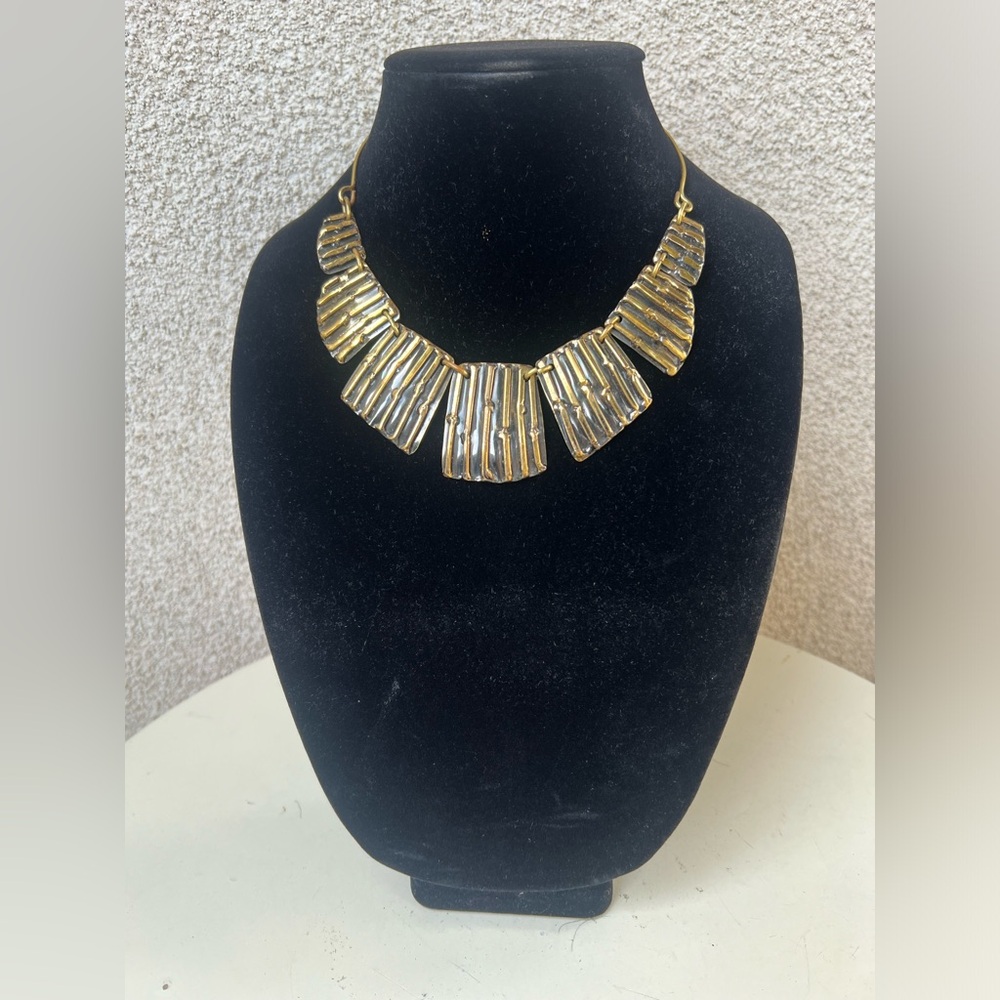 Funky choker bib brutalist necklace brass metal size 16” circumference